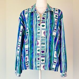 Vintage Funky Pattern Teal Blue Whites Zip Up Bomber Style Jacket